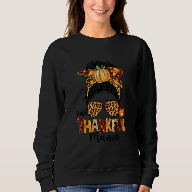 Camiseta One Thankful Mama Messy Bun Leopard Fall Autumn Th (Frente)