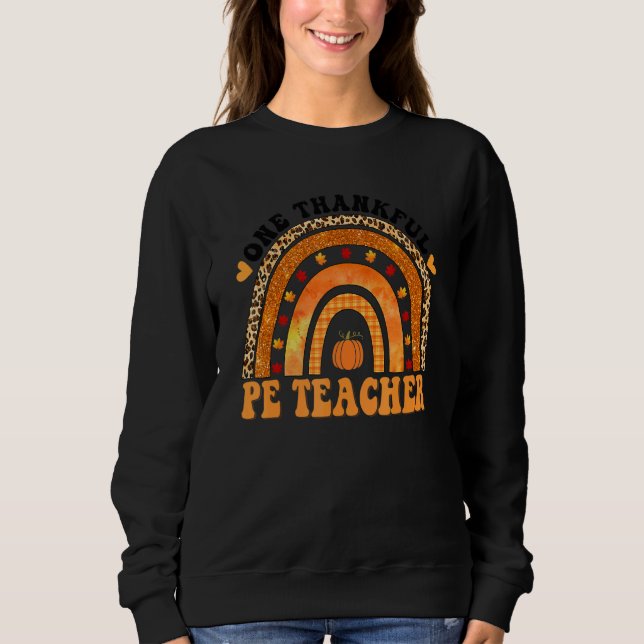 Camiseta One Thankful PE Teacher Rainbow Leopard Groovy Tea (Frente)