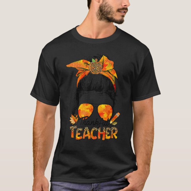Camiseta One Thankful Teacher Leopard Messy Bun Thanksgivin (Frente)