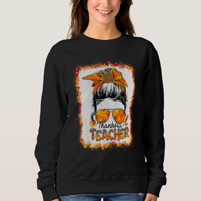 Camiseta One Thankful Teacher Leopard Messy Bun Thanksgivin (Frente)