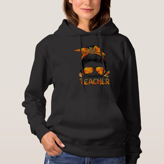 Camiseta One Thankful Teacher Leopard Messy Bun Thanksgivin (Frente)