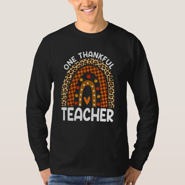 Camiseta One Thankful Teacher Thanksgiving Rainbow Leopard  (Frente)