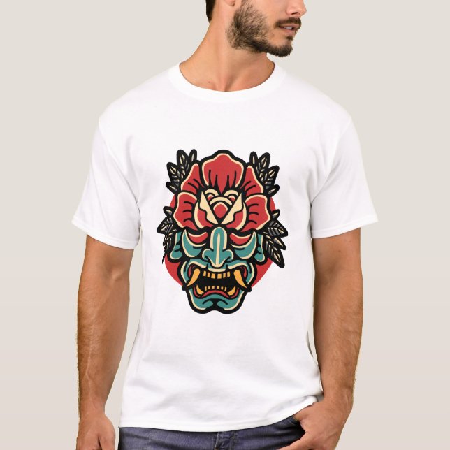 Camiseta Oni- rosa tatuagem design-T-Shirt (Frente)