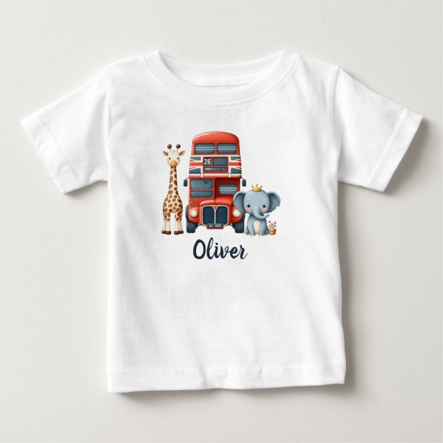 Camiseta Ônibus Caprichoso de Londres com Girafa e Elefante (Frente)