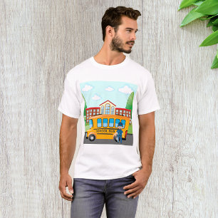 Camiseta Ônibus Escolar Amarelo com Motorista e Prédio Esco