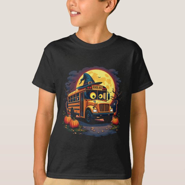 Camiseta Ônibus escolar de Halloween com chapéu de bruxa e  (Frente)