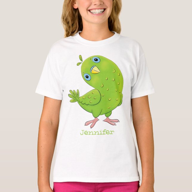 Camiseta Óptica de desenho animado de periquito, verde e bo (Frente)