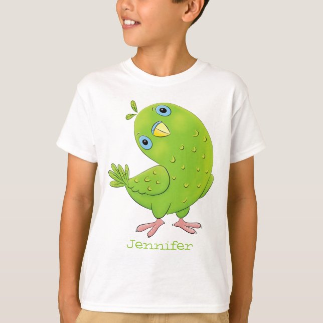 Camiseta Óptica de desenho animado de periquito, verde e bo (Frente)