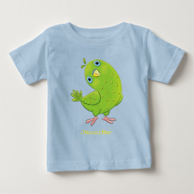 Camiseta Óptica de desenho animado de periquito, verde e bo (Frente)