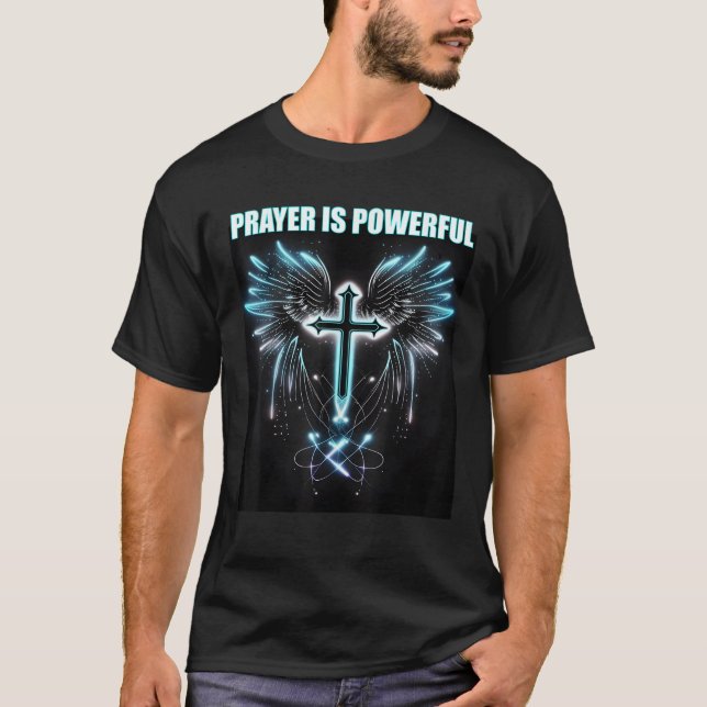 Camiseta Oração é Poderoso Anjo Asas através do Cristo de J (Frente)