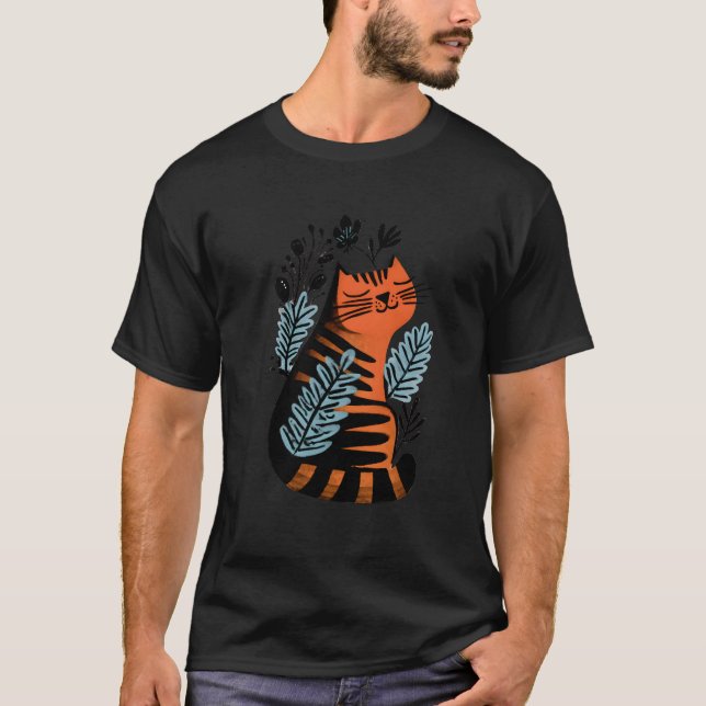 Camiseta Orange and Black Striped Cat with Floral Design (Frente)