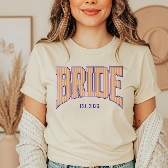 Camiseta Orange + Beige Stripe Navy Varsity BRIDE (Personalize with names, dates, locations or events.)