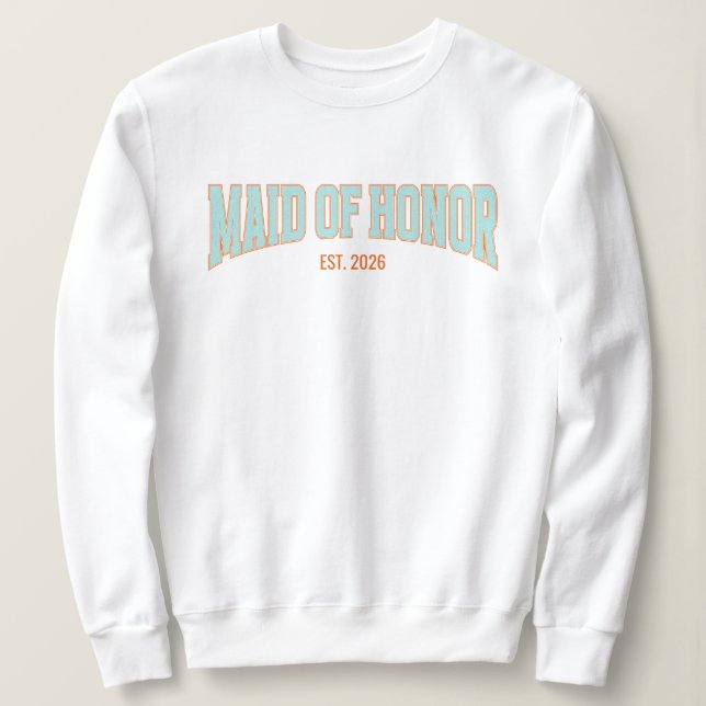 Camiseta Orange + Teal Faux Glitter Varsity MAID OF HONOR  (Frente do Design)