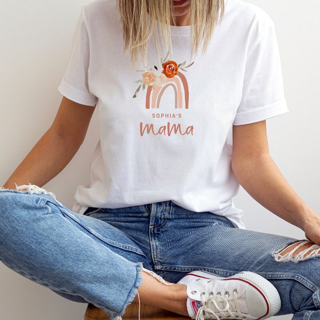 Camiseta Orange Terracotta Boho | Mama Rainbow (A cute boho shirt for the mama to be, with a terracotta rainbow and flowers)