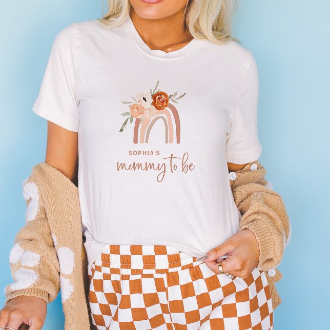 Camiseta Orange Terracotta Boho | Mamãe para ser arco-íris (A cute and boho shirt for the mommy to be, with a terracotta rainbow and flowers)