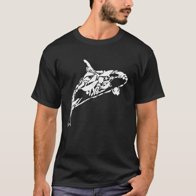 Camiseta Orca Baleia Nadando com a Família Oceânica (Frente)
