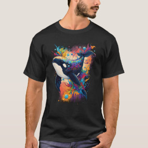Camiseta Orca mística colorida que observa o pote de golfin