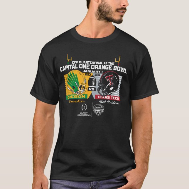 Camiseta Oregon Ducks vs Texas Tech Red Raiders CFP Orange  (Frente)