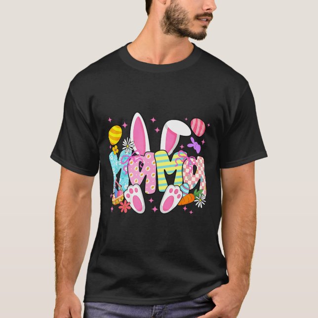 Camiseta orelhas de coelhinha da Páscoa mamãe laço de coque (Frente)