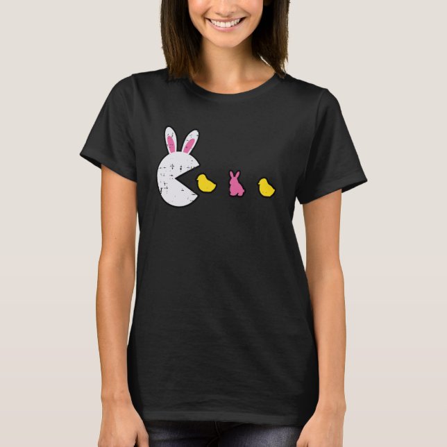 Camiseta Orelhas de Coelho de Videogame de Páscoa Comendo H (Frente)
