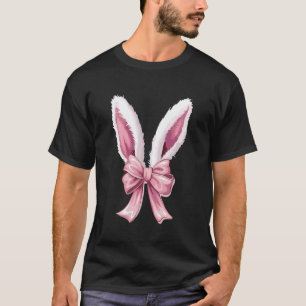 Camiseta Orelhas de Coelho Fofo Com Laço Rosa Dia de Páscoa