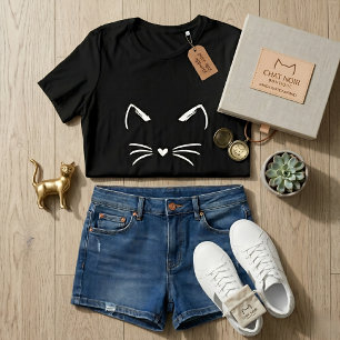 Camiseta Orelhas e Bigodes de Gato Fofo Coração Nariz Gráfi