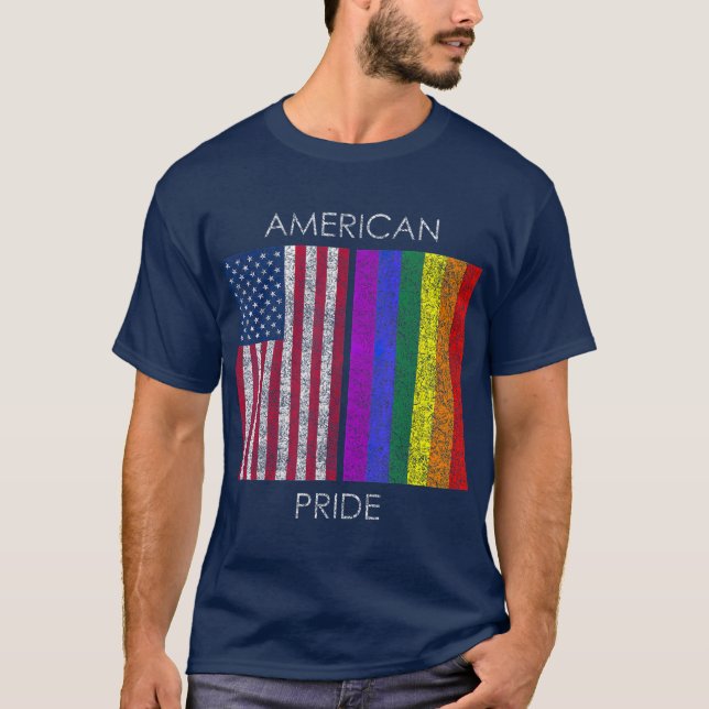 Camiseta Orgulho Americano a Fade da bandeira do arco-íris  (Frente)