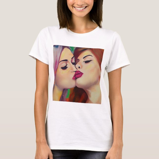 Camiseta Orgulho de Aquarela Duas Mulheres Compartilham Bei (Frente)