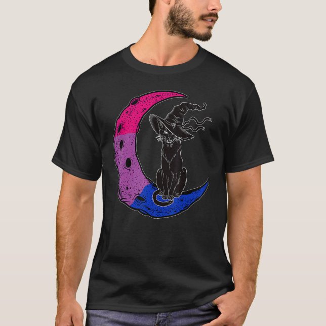 Camiseta Orgulho de Bruxa Gata Espacial Lua Bissexual Hallo (Frente)