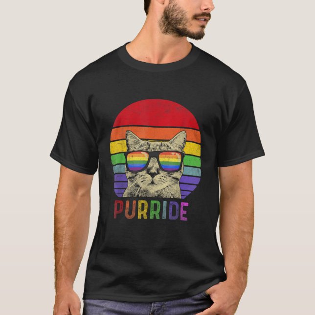 Camiseta Orgulho Gato Purride Gay LGBTQ Sinalizador Arco-Ír (Frente)