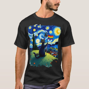 Camiseta Orgulho Gay Arte de Gato Estilo Noite Estrelada LG