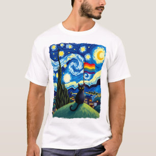 Camiseta Orgulho Gay Arte de Gato Estilo Noite Estrelada LG
