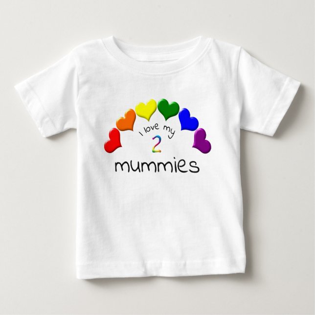 Camiseta Orgulho gay Baby I Love My 2 Mummies Rainbow Heart (Frente)