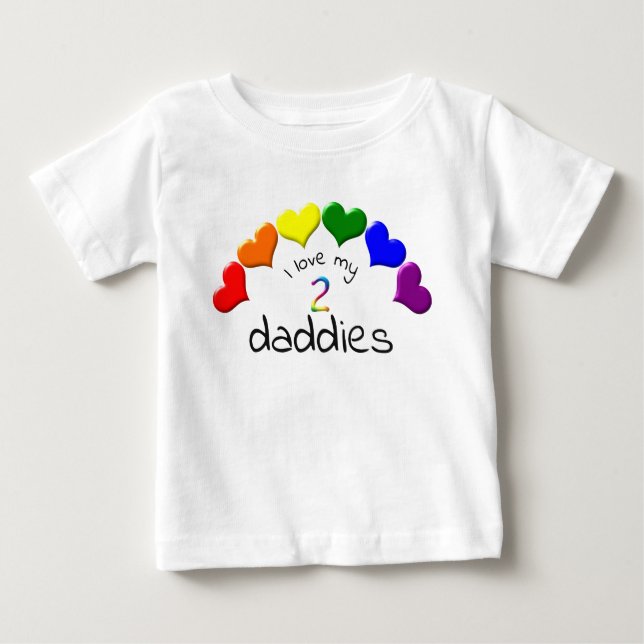 Camiseta Orgulho gay Baby I Love My 2 Pais Rainbow Hearts (Frente)