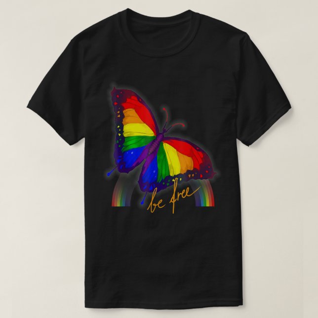 Camiseta Orgulho gay Flag Butterfly LGBT CSD Seja livre, ga (Frente do Design)