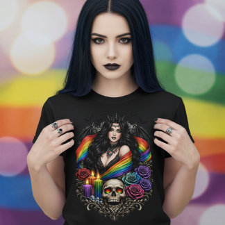 Camiseta Orgulho Gay Gótico Escuro Com Caveira e Velas