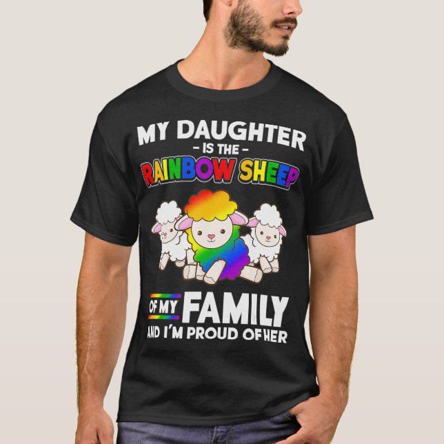 Camiseta orgulho gay mês Mãe Minha Filha É Ovelha Arco-Íris (Frente)