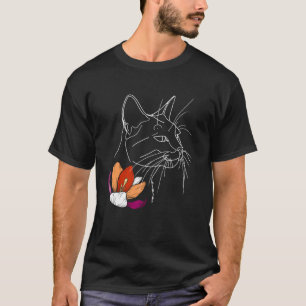 Camiseta Orgulho Lésbico Gato com Arte de Linha Floral LGBT