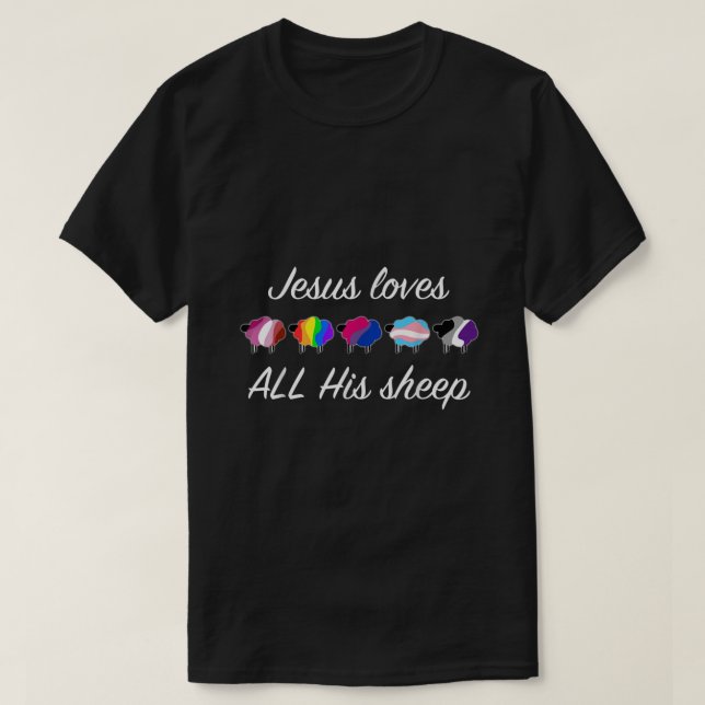 Camiseta Orgulho LGBTQ Mês Ally Rainbow Flag Ovinos Jesus C (Frente do Design)