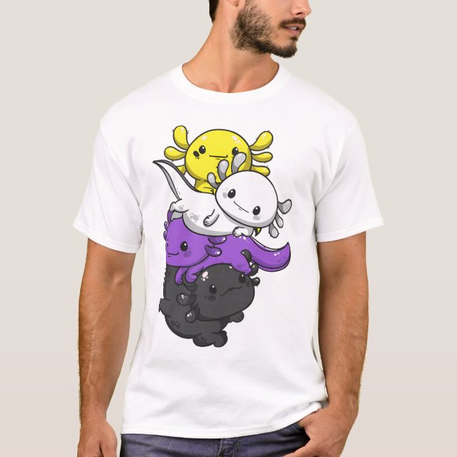 Camiseta Orgulho Não Binário Kawaii Axolotl Pilha Não Binár (Frente)