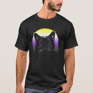 Camiseta Orgulho Não Binário Pôr do Sol Gato LGBTQ Mais Fof