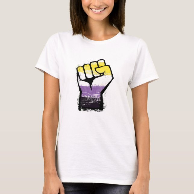 Camiseta Orgulho Não Binário Punho de Protesto (Frente)