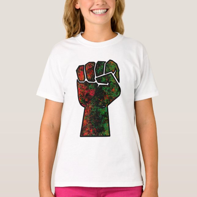 Camiseta orgulho negro vermelho punho verde pano-africano (Frente)