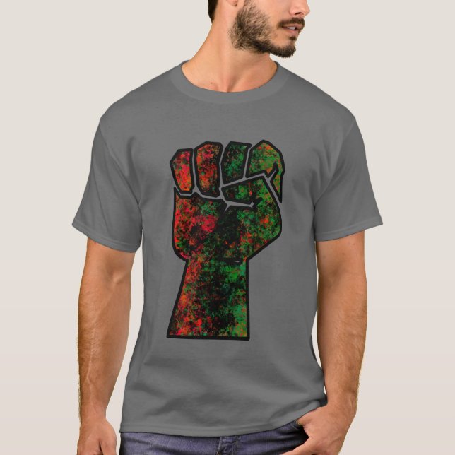 Camiseta orgulho negro vermelho punho verde pano-africano (Frente)