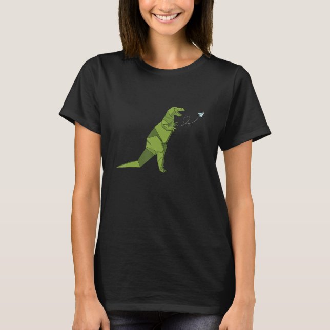 Camiseta Origami dinossaur rex piada lançando avião de pape (Frente)