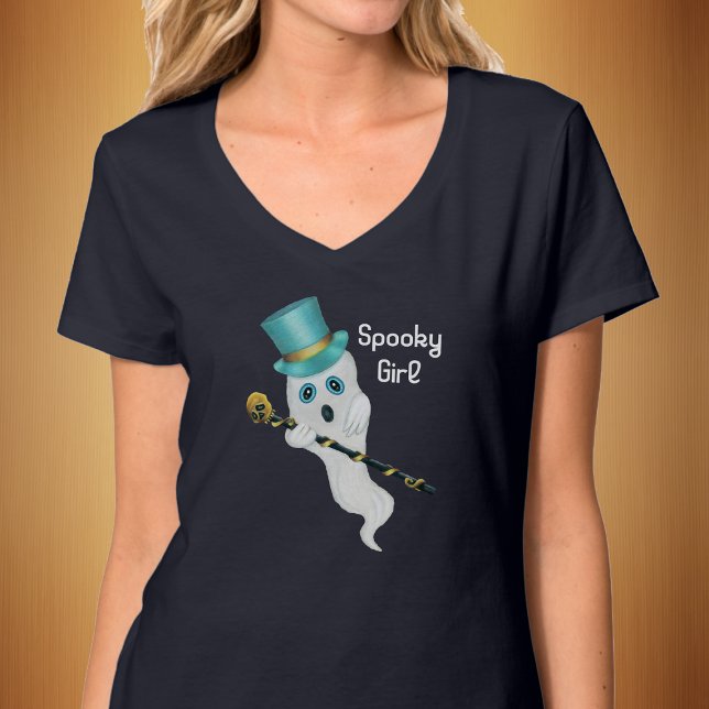 Camiseta Ornamentado de Chapéu Superior Azul Fantasma Bonit (Spooky girl cute ghost blue eyes in top hat with gold black skull cane on womans tee shirt Halloween)