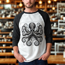 Camiseta Ornamentado de Octopus Kraken Steampunk Black