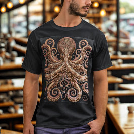 Camiseta Ornamentado de polvo Kraken Steampunk Dourado e pr
