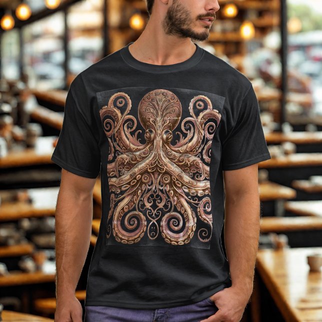 Camiseta Ornamentado de polvo Kraken Steampunk Dourado e pr (Criador carregado)