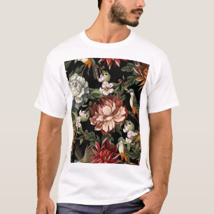 Camiseta Ornamentado Vintage Peonies, Rosas, Aves.